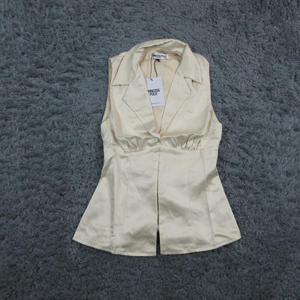 Princess Polly Blouse Womens US 4 Cream Collared Sleeveless Pleated Satin NWT